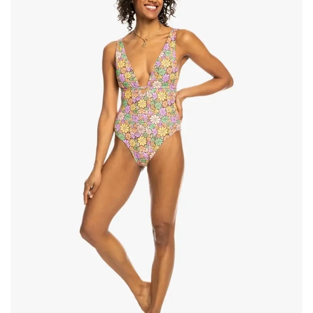 Roxy Floral One-Piece Swimsuit in Pink, Yellow, Green, Purple - Picture 4 of 5
